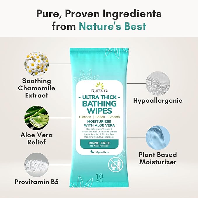 Nurture XL Ultra Thick Body Wipes for Adults w/Aloe | 40 Extra Large Disposable Cloth Wet Cleansing No Rinse Bathing Washcloths, Waterless Shower | Bath Wipe for Women, Men & Elderly