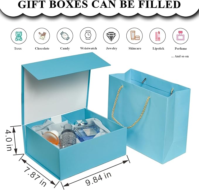 Elegant Gift Boxes with Gift Bag for Presents with Lids Magnetic Closure Rectangle Collapsible for Christmas, Valentine's Day, Birthday Gift Packging (Blue)