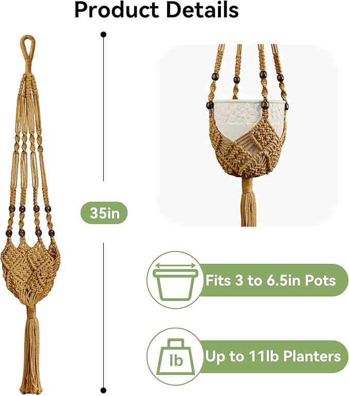USLAI Macrame Plant Hanger for Indoor Outdoor, Up to 3-6.5 inch Pot, Hanging Planter Flower Pot Holder with Beads and Tassels, Boho Home Decor, 2-Pack, Brown