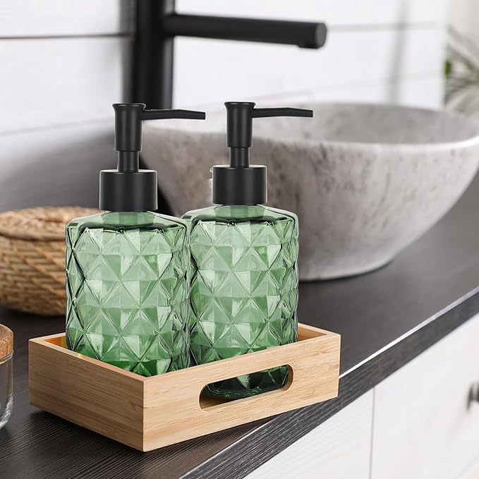Clear Green Glass Soap Dispenser with Pump, 12oz Diamond Design Hand Soap Dispenser, Refillable Lotion Dispenser & Dish for Dishwashing Liquid, Shower Gel