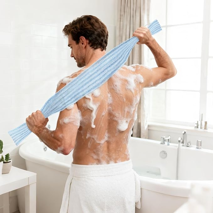 Quick Drying Bath Towel, Gentle Skin, Super Absorbent Cotton, Extendable Back Brush, Home Spa Accessory for Bathroom Shower Sauna Indoor Daily Use Family Adults Kids