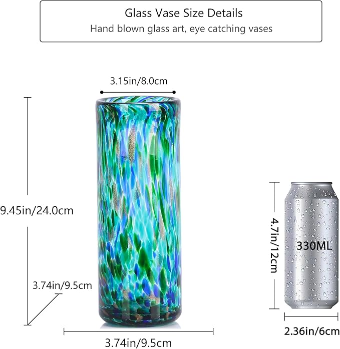 9.45" Tall Teal Vase Hand Blown Glass Vase Green, Modern Teal Home Centerpieces Wide Mouth Vases for Bud&Flower Decor - Ideal Living Room, Kitchen, Wedding, Dining Table, Office Center Table