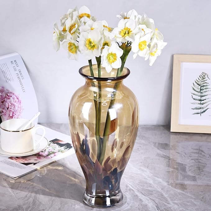 Hand Blown Glass Vase 11.8" Tall Beautiful Amber Gold Sea Wide Mouth Bud Vase for Table Centerpiece, Painted Colorful Murano Glass Flower Vases for - Home Entrance Wedding Center