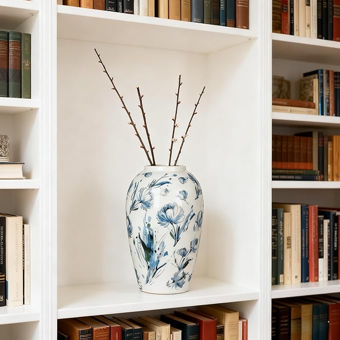 Ceramic Vintage Flower Vase, 9.8 Inch White and Blue Rustic Vases for Home Decor, Handcrafted Farmhouse Tall Vases for Living Room, Table, Bathroom, Chinoiserie Decoration