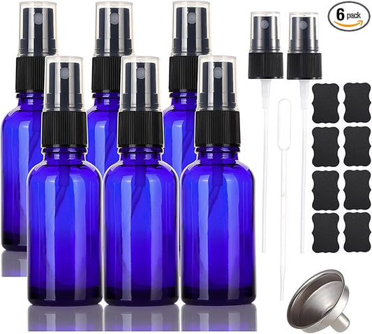 1 oz Glass Blue Spray Bottles,Small Empty Fine Mist Refillable Travel Spray Bottle for Cleaning,Perfume,Aromatherapy,Cosmetic Sprays,Hair,Essential Oils with Fine Mist Dispenser（6 Pack）