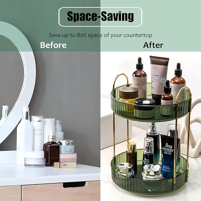 Rotating Makeup Organizer Countertop 2 Tier Lazy Susan Trays Clear Skincare Perfume Storage for Bathroom Counter Vanity, Green Gold