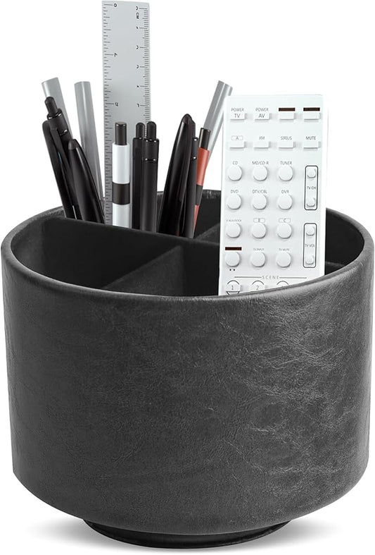 Hennaja Round Leather Art Supply Organizer,Remote Control Holder,360 Degree Spinning,Multi-Functional Pencil Holder,4 Compartments Desktop Stationary Organizer(1-Oil Black)