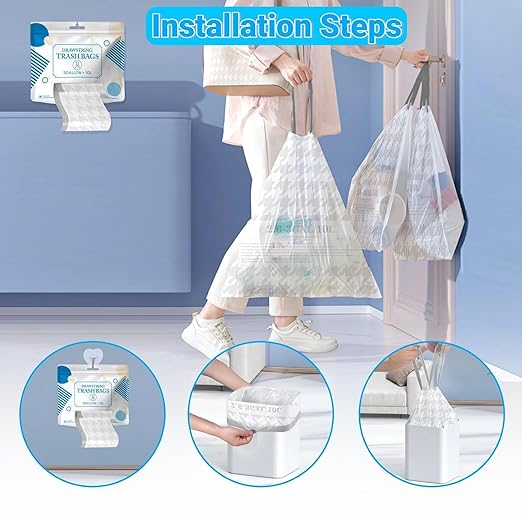 OKKEAI 2.6 Gallon Trash Bags White Drawstring Small Bathroom Garbage Bags – 90 Count Tear-Free, Heavy Duty Printed Liners, Leak-Proof White Trash Bag for Kitchen, Office, Multipurpose Use