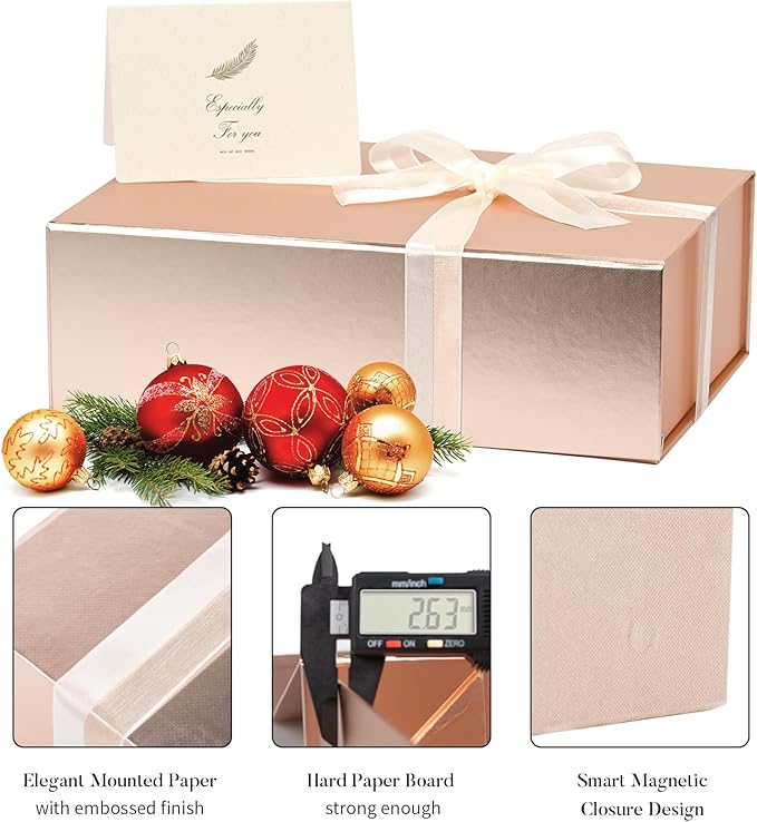 LIFELUM Rose Gold Gift Box 8 x 7 x 3 Christmas Gift Box with Magnetic Lid for Presents Sturdy Storage Contains Card, Ribbon, Shredded Paper Filler (1 Pcs