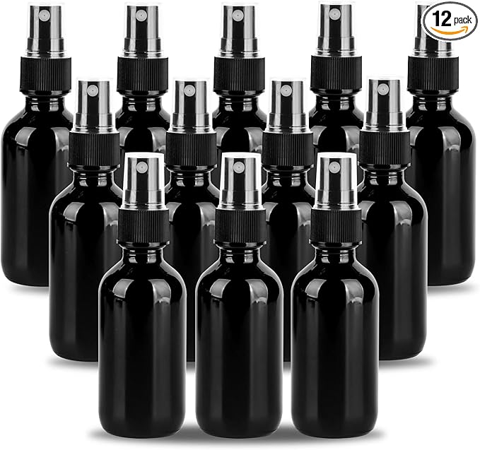 2oz Glass Spray Bottle, Fine Mist Boston Glass Bottles with Black Fine Mist Sprayer Small Clear Bottles for Essential Oils, Bath, Beauty, Hair & Cleaning, UV Black, Pack of 12