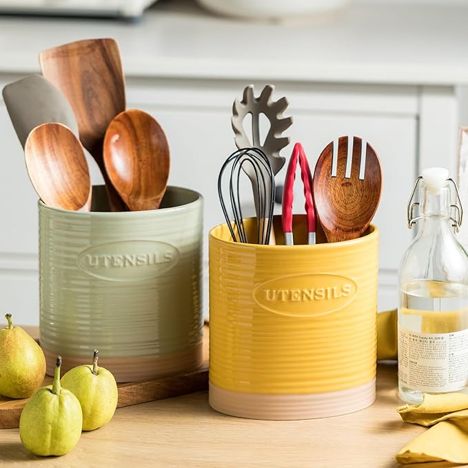 YHOSSEUN Kitchen Utensil Holder for Countertop, Ceramic Utensil Holder for Kitchen Counter, Cooking Utensil Crock for Spatula, Oval Shape, Yellow