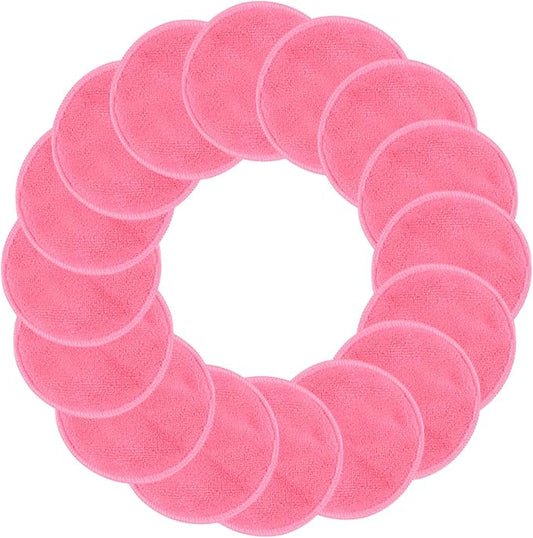 SUNLAND Reusable Makeup Remover Pads for Face,Eye,Lips 16 Pack Microfiber Face Cleansing Gloves Washable with Laundry Bag and Travel Bag Rounds Toner Pads（Round 3.15inchx16 Pink）