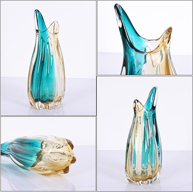 orenm Hand Blown Glass Vase,Unique Wide Glass vase,Modern Colorful Turquoise Glass Art Decor,Amber and Teal Vases for Office,Living Room,Dining Table Table Centerpieces Decorative (Horn-M)