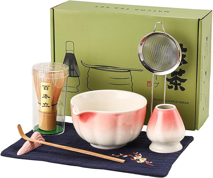 Matcha Whisk Set, 7-Pack Peach Pink Matcha Set - Include Petal Matcha Bowl with Spout, Bamboo Whisk, Chasen Holder, Sifter, Scoop, Tea Towel, Scoop Rest - Perfect Matcha Making Kit for Tea Lover