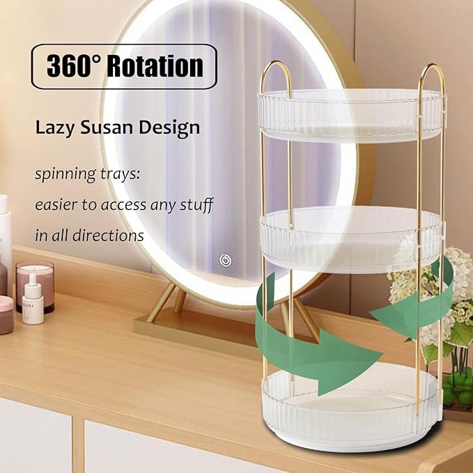 Rotating Makeup Organizer Countertop 3 Tier Lazy Susan Trays Clear Skincare Perfume Storage for Bathroom Counter Vanity, Transparent