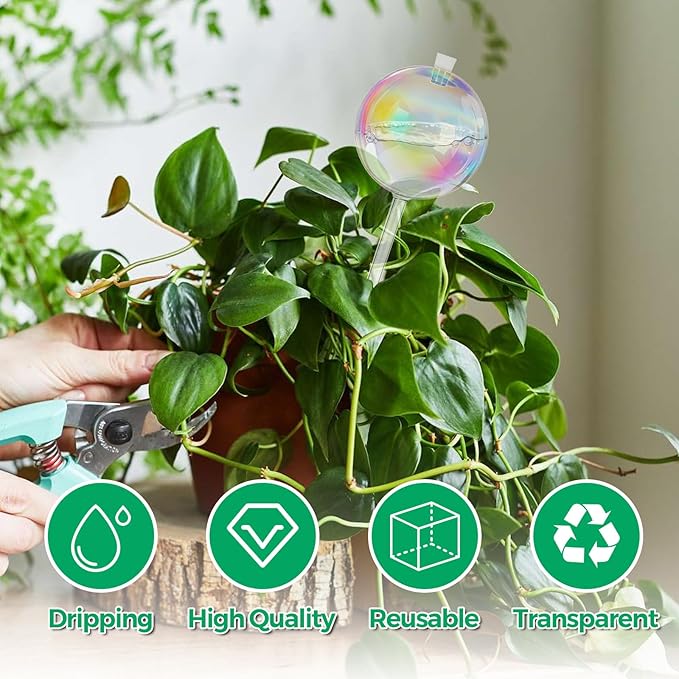 Plant Watering Globes Self Watering Planter - Indoor Outdoor Automatic Slow Release Watering Bulbs Iridescent Rainbow Glass Water Bulb for Houseplants 2 Pack
