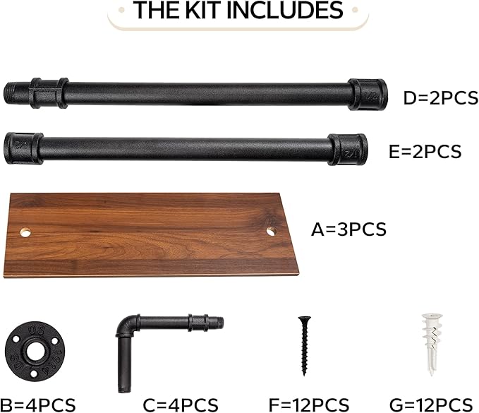 3-Tier Industrial Pipe Floating Shelf – Rustic 30 inch Wood Wall-Mounted Storage Shelf for Kitchen Office,Bathroom & Home Decor -Walnut