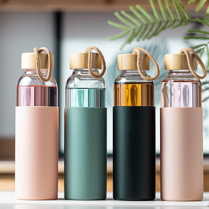 21oz Glass Water Bottle with Silicone Sleeve & Bamboo Lid, BPA Free Reusable Water Bottle Glass for Gym Office Travel, Gift for Fitness Enthusiasts (Black)