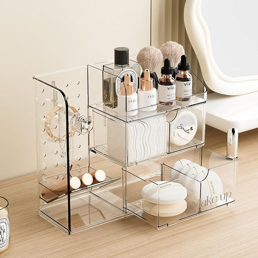 KHNR Makeup Organizer for Vanity,Acrylic Makeup Organizers with Jewelry Organizer,Bathroom Accessories Organizer with Removable Dividers,Bathroom Countertop Organizer for Desk,Vanity,Mirror Cabinet