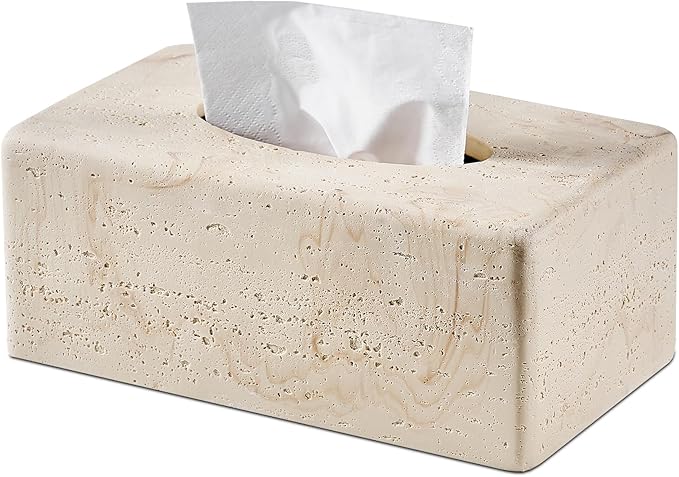 Natural Travertine Textures Tissue Box Cover Rectangular (Only Suitable for Standard Sized Tissue Box) for Decor,Resin Tissue Box for Bathroom Countertop,Bedside,Office（Made of Resin, Height of 4 in