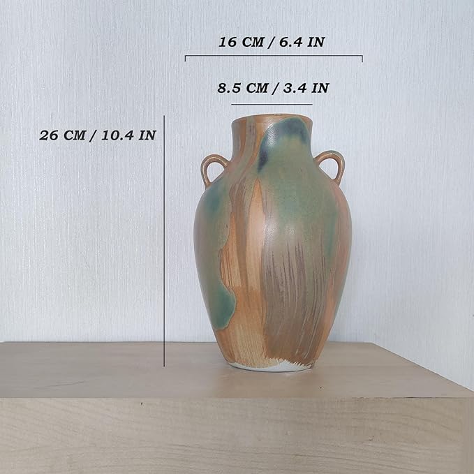 Terracotta Pottery - 10" Unique Decorative Farmhouse Vase with Handle, Green Glazed Earth Yellow Boho Neutral vase Home Decor, Vintage Ceramic Flower vases for Living Room, Kitchen Decor