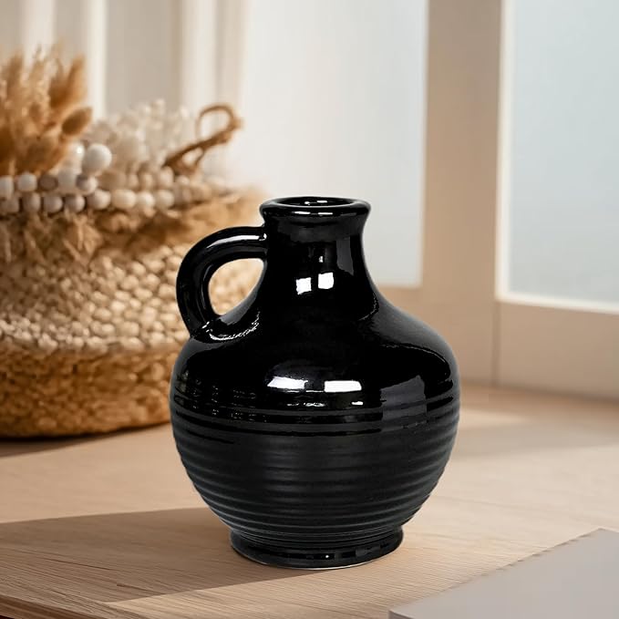 Sunddo Black Ceramic Vases Home Décor- 6 Inch Small Modern Decorative Vase with Handle, Black Decor, Table Mantle Fireplace Living Room Bathroom Wedding Centerpiece