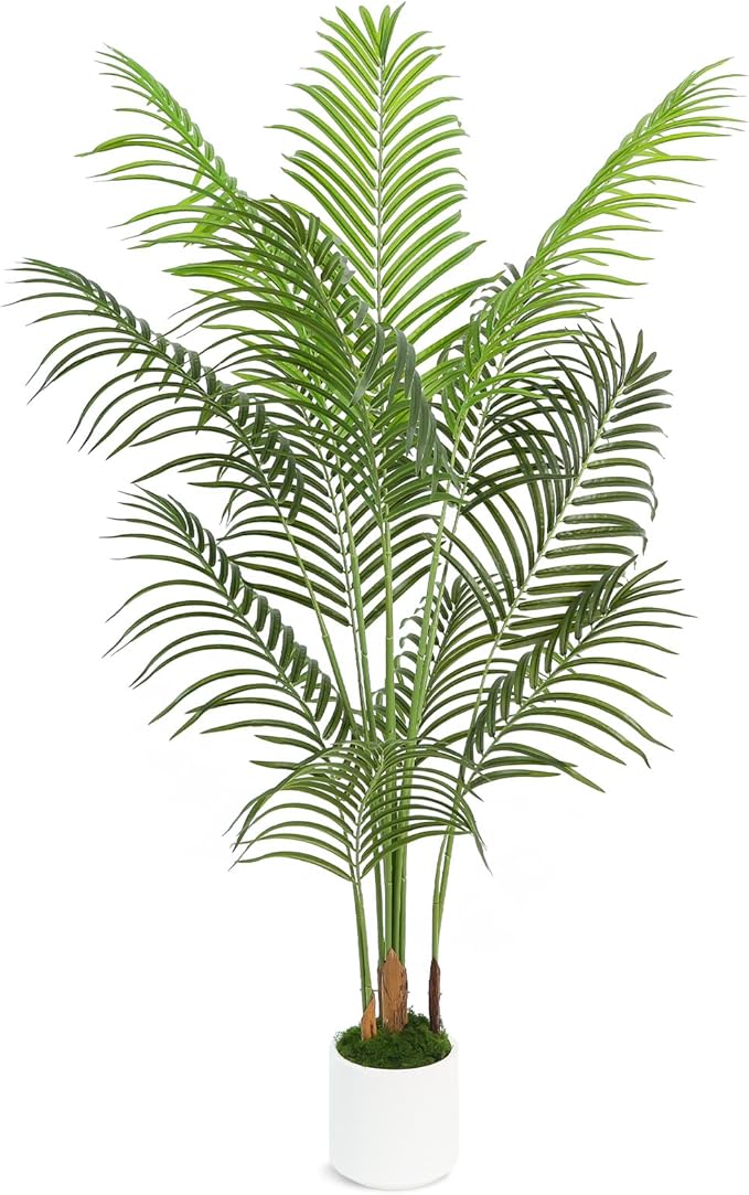 5FT Artificial Palm Tree, Tall Fake Tropical Areca Plant with White Round Planter for Indoor Outdoor Home Decor, Realistic Faux Palm Tree for Living Room, Office, Porch, Garden
