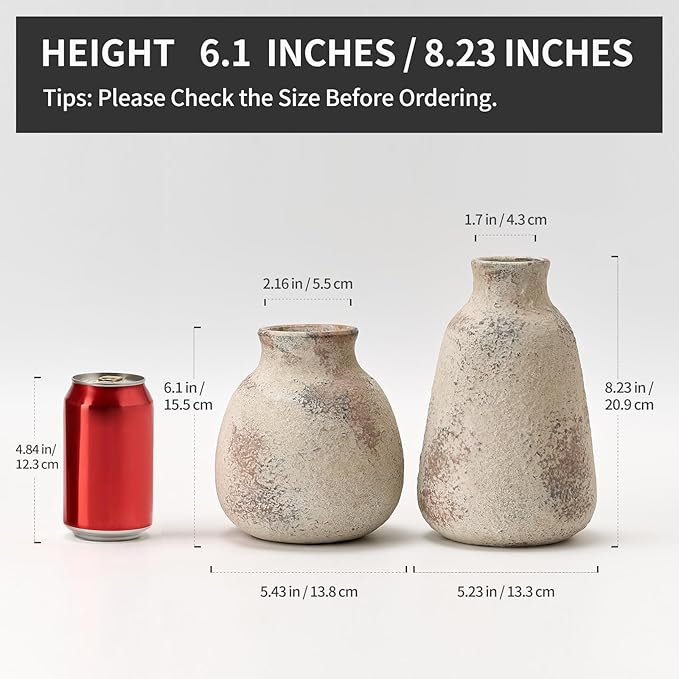 Ceramic Vase Set of 2 for Home Decor, Handcrafted Vintage Terracotta Vases, Rustic Farmhouse Decor, Minimalist Decorative Vase Set for Table Centerpiece Fireplace Nightstand Decoration - Brown