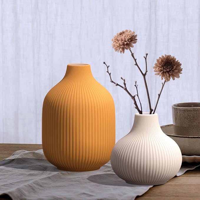 Set of 3 Vibrant Ceramic Vases in Light Blue, Mustard Yellow and Beige - Modern Minimalist Ribbed Decor for Centerpiece, Farmhouse Living Room, Kitchen Shelf, Gift Idea