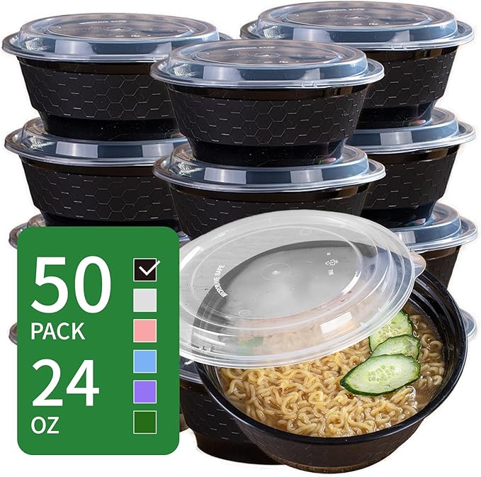 Meal Prep Containers with Lids, Round Shape, 50 Packs (100 Pieces) 24 Oz, Black Color, Meal Bowls, Round To Go Containers, BPA-Free, Freezer & Dishwasher Safe