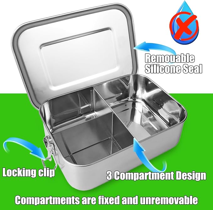 UPTRUST Leak Proof Stainless Steel Bento Container for Lunch, 40oz Bento Lunch Box for Kids or Adults, 3 Compartment Packing Box for Meal Fruit Snack (40OZ/1200ML)