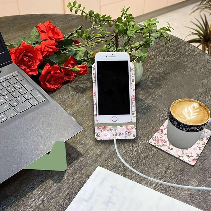 Wooden Pink Cell Phone Stand,Universal Phone Holder Stand Charging Hole Compatible with All Phone iPhone14,Smartphones,Facetime Holder for Desk 6"x 3.15"Inch Pink Peonies (Regular)