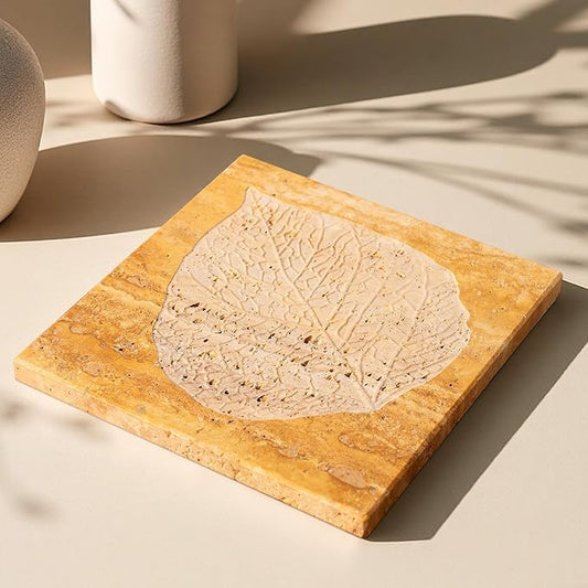 Marble Leaf Embossed Tray, Natural Golden Travertine Vanity Decorative Marble Tray for Bathroom, Jewelry, Kitchen and Desktop, Decorative Stone Pallet for Cosmetics, Perfume and Home Decor