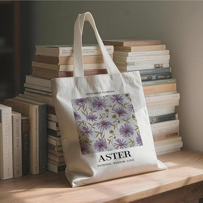 Flower Canvas Tote Bag, September Aster Reusable Shoulder Bags, Christmas Gifts to Sister and Friends, Holiday Gift Bags for Wrap Storage, Casual Canvas Totes for Work Traveling