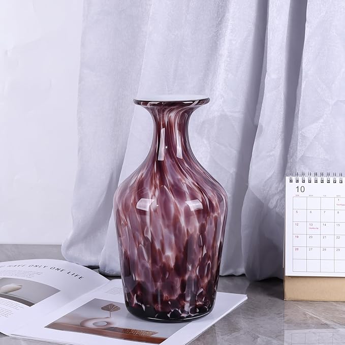 12.2" Tall Hand Blown Glass Vase – Pretty Red Purple Decorative Flower Vase, Modern Vintage Fusion Home Decor, Colorful Murano Glass Vases for Table Centerpieces, Living Room, Bathroom, Entry Table