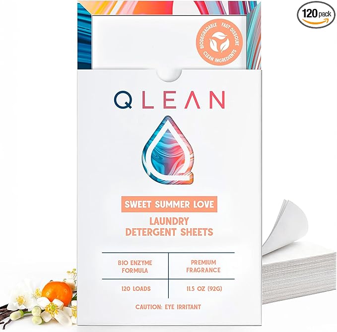 QLEAN Laundry Detergent Sheets – Travel-Friendly, HE & Standard Washer Safe, Liquidless Laundry Soaps, Quick-Dissolving Formula, Skin-Friendly (120 Loads, Sweet Summer Love)