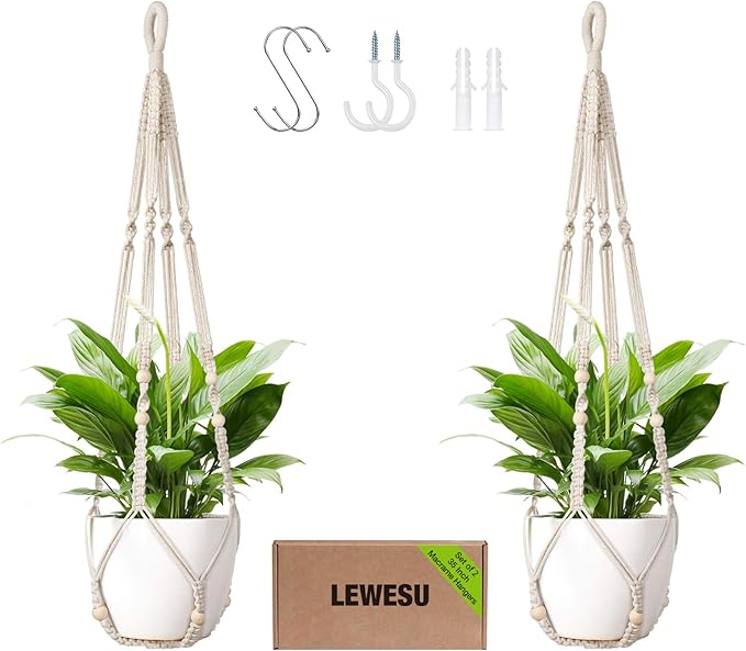 Macrame Plant Hanger Indoor Set of 2 with 4 Hooks, Indoor Outdoor Hanging Planter for Plants Holder with Decorative Wood Beads & No Tassels, Boho Home Decor, 35 Inch Ivory (Pots Not Included)