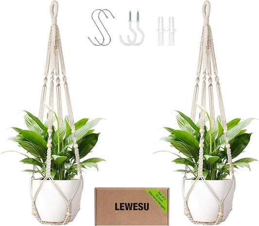 Macrame Plant Hanger Indoor Set of 2 with 4 Hooks, Indoor Outdoor Hanging Planter for Plants Holder with Decorative Wood Beads & No Tassels, Boho Home Decor, 35 Inch Ivory (Pots Not Included)