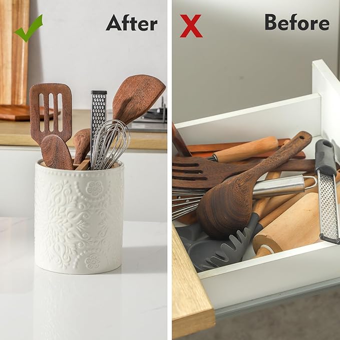 7" Relief Utensil Holder, Large Kitchen Utensil Holder Organizer , White Stable Utensil Crock Spatula Holder for Kitchen Counter Countertop Farmhouse Cooking Tools Holder with Bamboo Frame