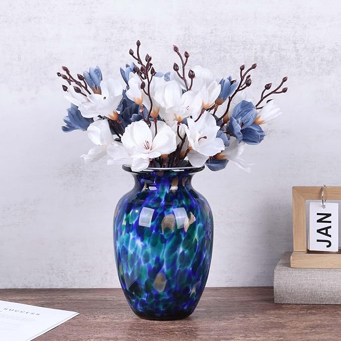 9" Cobalt Blue Blown Glass Vase – Hand Blown Wide Mouth Glass Art Sculpture, Coastal Sea Glass Decor Centerpiece, Unique Nautical Vase for Flowers, Bookshelf, Dining Room or Entryway (Blue)