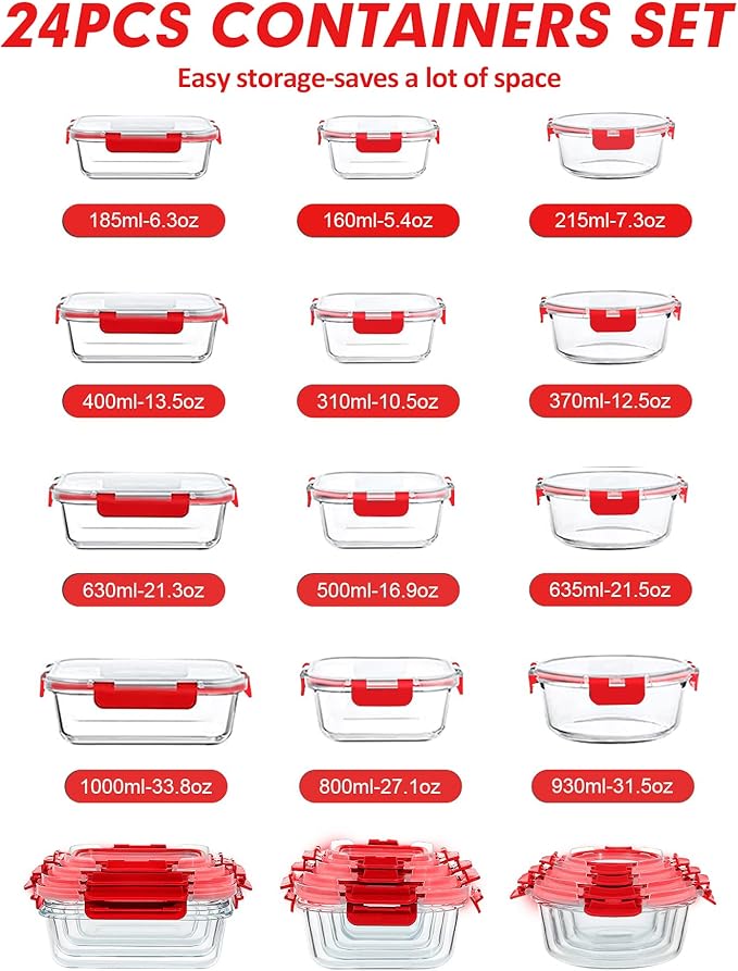 VERONES 12 Packs Glass Food Storage Containers Set, Airtight Glass Lunch Containers, Glass Meal Prep Containers with Lids,Exclusive of BPA, for Microwave, Oven, Freezer & Dishwasher Friendly,Red