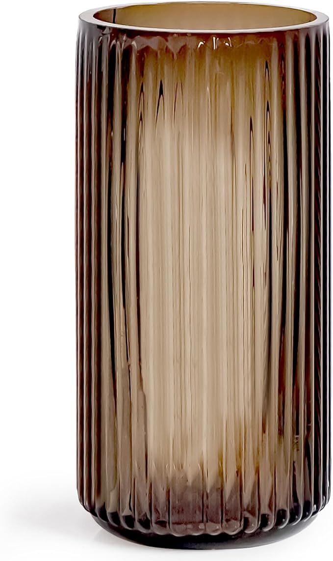 Muyan 7.5" Flower Vase for Decor Ribbed Glass Vase Modern for Centerpieces Desktop Home Office Dining Living Room Wedding (Amber)