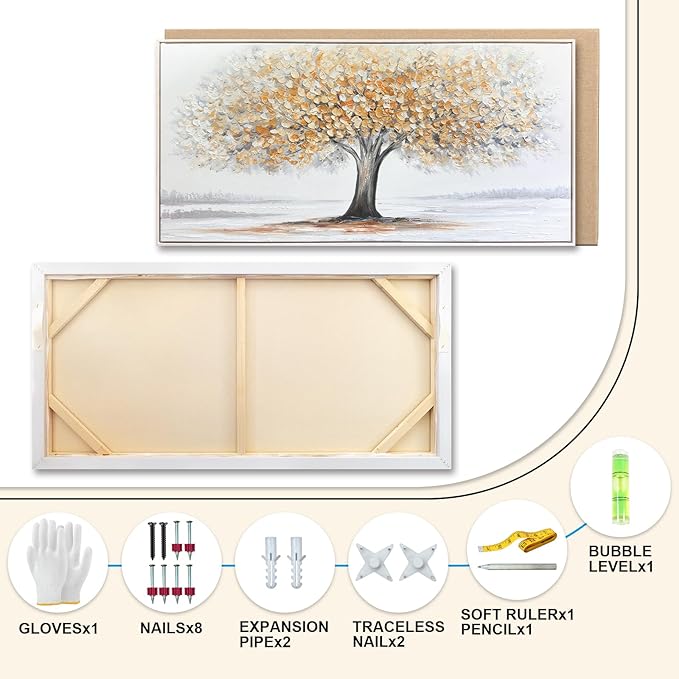 White Tree of Life Canvas Wall Art, Modern Abstract Textured Painting, Large Framed Panoramic Landscape Artwork for Living Room, Bedroom, Office, Home Decor 48"x24"