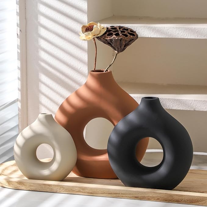 Ceramic Vase Home Table Decor - Flower Vases Set of 3 Small Living Room Centerpiece Decorations for Shelf Bedroom Office Kitchen Dining Desk Modern Aesthetic Farmhouse Decorative (Rust)
