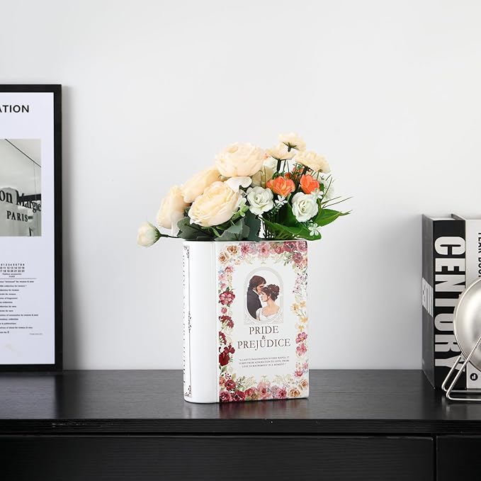 Ceramic Book Vase for Flowers, Book Flower Vases White, Book Shaped Vase, A Book About Flowers Vase, Decorative Ceramic Vases for Home, Office, Dining Table(Pride)