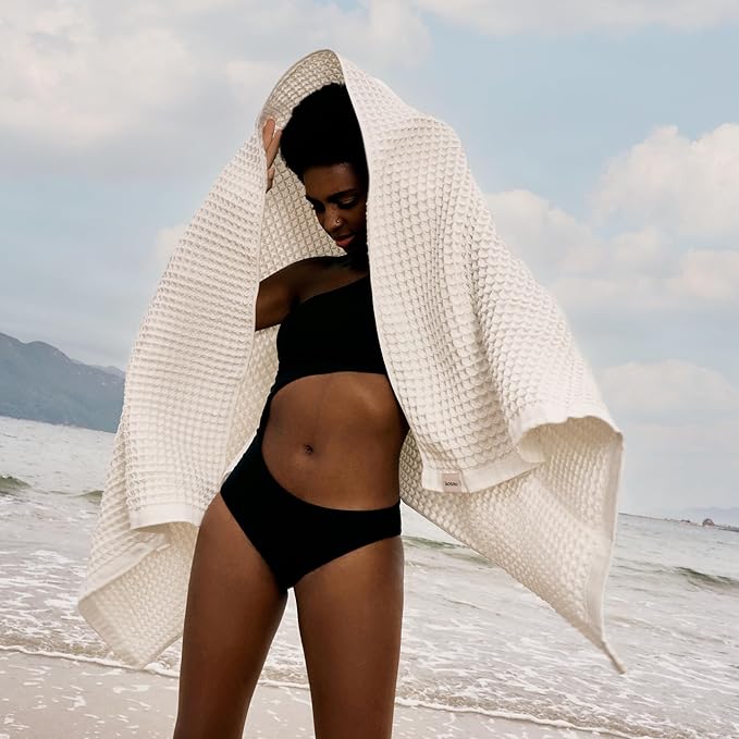 Luxury Japanese Cotton Waffle Bath Towel | Plush, Absorbent, and Quick Dry | Free Storage Bag Included (Shell White, Bath Towel Set (3-Piece))