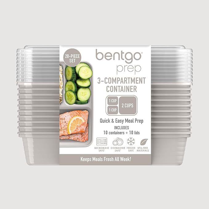 Bentgo Prep - 20-Piece 3-Compartment Reusable Meal Prep Containers with Lids, PFAS & BPA Free Materials, Durable, Microwave, Freezer, & Dishwasher Safe To Go Food Storage (Stone Gray)