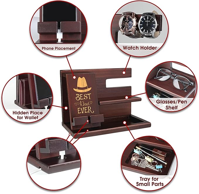 Personalized Idea For Dad - Customized Wood Phone Docking Station - Nine Styles - For Birthday Father's Dad Christmas - Nightstand with Phone Holder, Key Holder, Wallet Stand and Watch Organizer