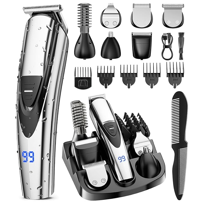 SHPAVVER Beard Trimmer for Men: Professional Barber Hair Clippers - 12-in-1 Cordless Grooming Kit - Waterproof Electric Razor with Turbo Speed & Precision Blades, Silver