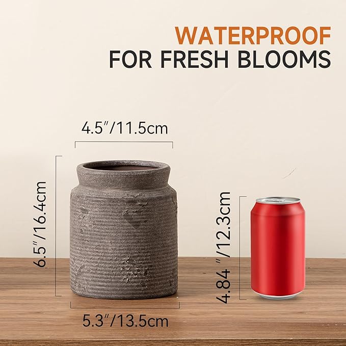 Ceramic Flower Vase 6.5 inch Farmhouse Rustic Vase for Home Decor Handcrafted Pottery Vase Small Terracotta Vases for Dining Table Fireplace Living Room Bathroom Wedding Centerpiece (02-Dark Brown)